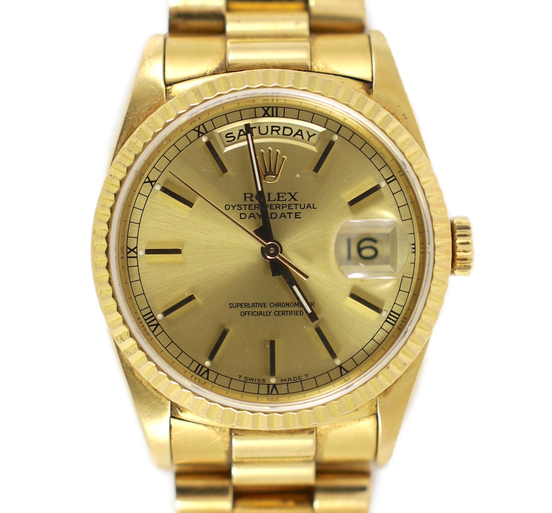 A gentleman's late 20th century 18ct gold Rolex Oyster Perpetual Day Date wrist watch, on an 18ct gold Rolex bracelet with deployment clasp